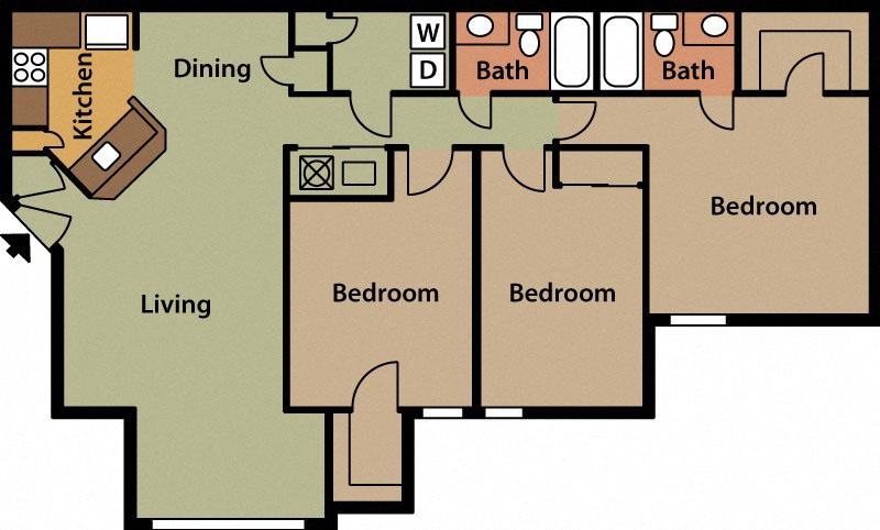 Floor plan for 3 beds, 2 baths, 1230 sqft